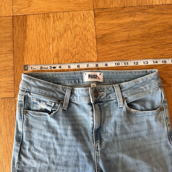 Paige 28 Skyline Angke Peg Skinny Distressed Blue Denim Jeans Button Fly - Picture 6 of 10